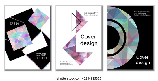 Cover design. Set of 3 covers. Imitation of crumpled paper. Unusual bright abstract background for magazine, book, splash, banner, vector. Imitation of crumpled paper