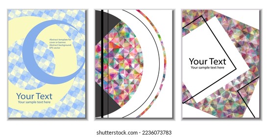Cover design. Set of 3 covers. Imitation of crumpled paper. Unusual bright abstract background for magazine, book, splash, banner, vector. Imitation of crumpled paper