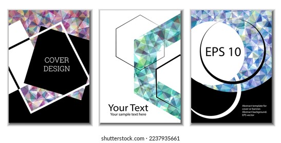 Diseño de portada. Conjunto de 3 cubiertas. Imitación de papel desmenuzado. Inusual fondo abstracto brillante para revista, libro, splash, banner, vector. Imitación de papel cruzado