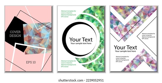 Cover design. Set of 3 covers. Imitation of crumpled paper. Unusual bright abstract background for magazine, book, splash, banner, vector. Imitation of crumpled paper