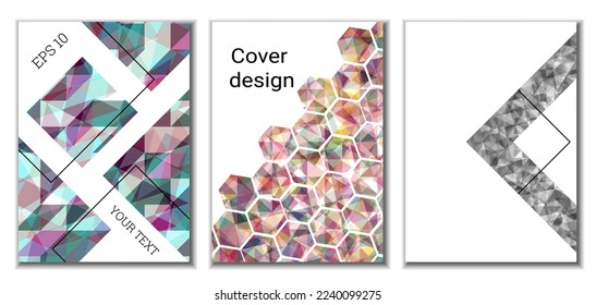 Cover design. Set of 3 covers. Imitation of crumpled paper. Unusual bright abstract background for magazine, book, splash, banner, vector. Imitation of crumpled paper