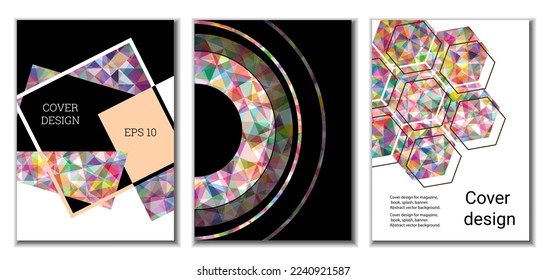 Cover design. Set of 3 covers. Imitation of crumpled paper. Unusual bright abstract background for magazine, book, splash, banner, vector. Imitation of crumpled paper