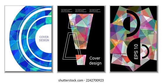 Diseño de portada. Conjunto de 3 cubiertas. Imitación de papel desmenuzado. Inusual fondo abstracto brillante para revista, libro, splash, banner, vector. Imitación de papel cruzado