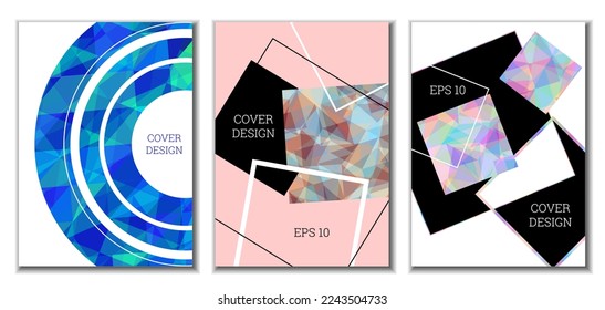 Deckungsdesign. Satz von 3 Covern. Nachahmung von zerbrochenem Papier. Ungewöhnlicher heller abstrakter Hintergrund für Magazin, Buch, Splash, Banner, Vektorgrafik. Nachahmung von zerkleinertem Papier