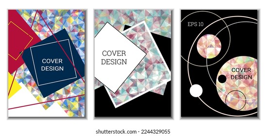 Cover design. Set of 3 covers. Imitation of crumpled paper. Unusual bright abstract background for magazine, book, splash, banner, vector. Imitation of crumpled paper