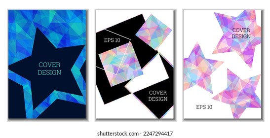 Diseño de portada. Conjunto de 3 cubiertas. Imitación de papel desmenuzado. Inusual fondo abstracto brillante para revista, libro, splash, banner, vector. Imitación de papel cruzado