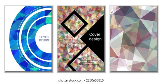 Diseño de portada. Conjunto de 3 cubiertas. Imitación de papel desmenuzado. Inusual fondo abstracto brillante para revista, libro, splash, banner, vector. Imitación de papel cruzado