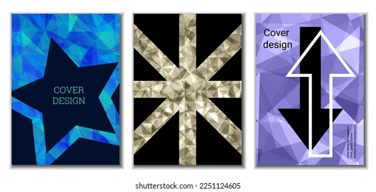 Cover design. Set of 3 covers. Imitation of crumpled paper. Unusual bright abstract background for magazine, book, splash, banner, vector. Imitation of crumpled paper