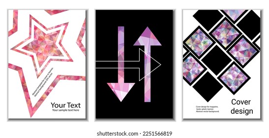 Cover design. Set of 3 covers. Imitation of crumpled paper. Unusual bright abstract background for magazine, book, splash, banner, vector. Imitation of crumpled paper