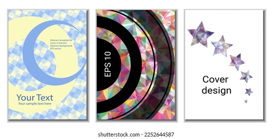 Diseño de portada. Conjunto de 3 cubiertas. Imitación de papel desmenuzado. Inusual fondo abstracto brillante para revista, libro, splash, banner, vector. Imitación de papel cruzado