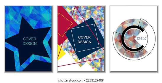 Deckungsdesign. Satz von 3 Covern. Nachahmung von zerbrochenem Papier. Ungewöhnlicher heller abstrakter Hintergrund für Magazin, Buch, Splash, Banner, Vektorgrafik. Nachahmung von zerkleinertem Papier