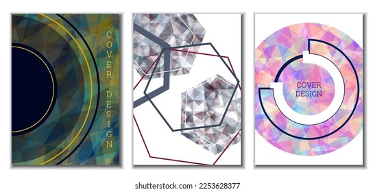 Cover design. Set of 3 covers. Imitation of crumpled paper. Unusual bright abstract background for magazine, book, splash, banner, vector. Imitation of crumpled paper