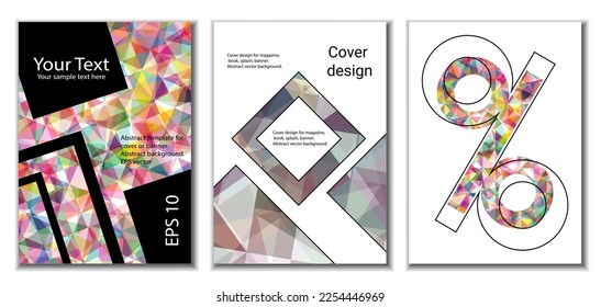 Diseño de portada. Conjunto de 3 cubiertas. Imitación de papel desmenuzado. Inusual fondo abstracto brillante para revista, libro, splash, banner, vector. Imitación de papel cruzado