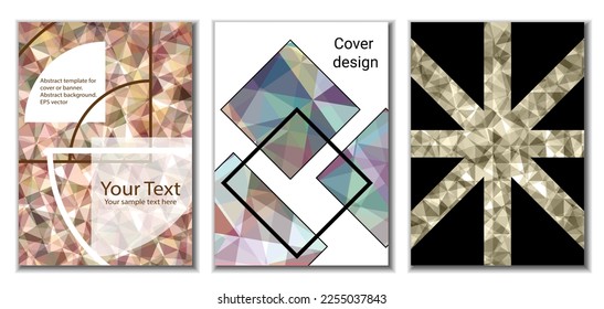 Diseño de portada. Conjunto de 3 cubiertas. Imitación de papel desmenuzado. Inusual fondo abstracto brillante para revista, libro, splash, banner, vector. Imitación de papel cruzado