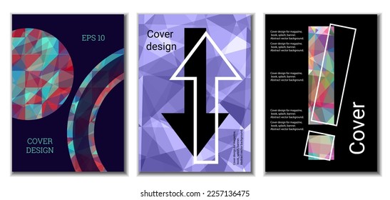 Diseño de portada. Conjunto de 3 cubiertas. Imitación de papel desmenuzado. Inusual fondo abstracto brillante para revista, libro, splash, banner, vector. Imitación de papel cruzado