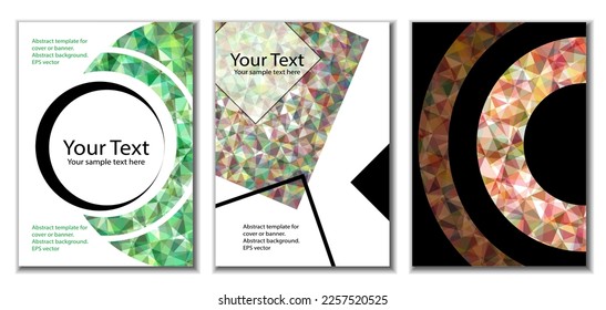 Cover design. Set of 3 covers. Imitation of crumpled paper. Unusual bright abstract background for magazine, book, splash, banner, vector. Imitation of crumpled paper