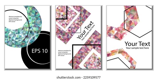 Diseño de portada. Conjunto de 3 cubiertas. Imitación de papel desmenuzado. Inusual fondo abstracto brillante para revista, libro, splash, banner, vector. Imitación de papel cruzado