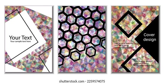 Diseño de portada. Conjunto de 3 cubiertas. Imitación de papel desmenuzado. Inusual fondo abstracto brillante para revista, libro, splash, banner, vector. Imitación de papel cruzado