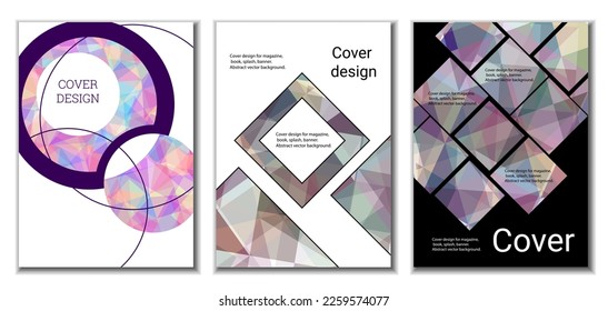Cover design. Set of 3 covers. Imitation of crumpled paper. Unusual bright abstract background for magazine, book, splash, banner, vector. Imitation of crumpled paper