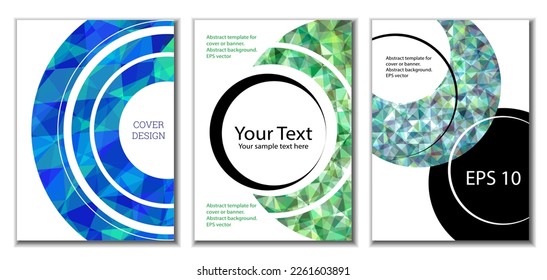 Diseño de portada. Conjunto de 3 cubiertas. Imitación de papel desmenuzado. Inusual fondo abstracto brillante para revista, libro, splash, banner, vector. Imitación de papel cruzado