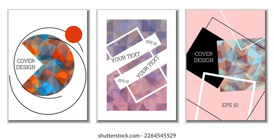 Cover design. Set of 3 covers. Imitation of crumpled paper. Unusual bright abstract background for magazine, book, splash, banner, vector. Imitation of crumpled paper