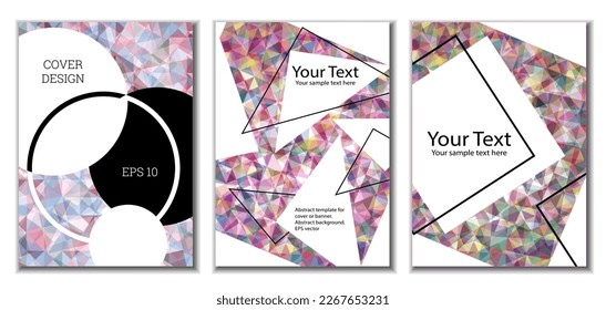 Diseño de portada. Conjunto de 3 cubiertas. Imitación de papel desmenuzado. Inusual fondo abstracto brillante para revista, libro, splash, banner, vector. Imitación de papel cruzado