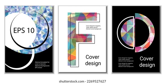 Diseño de portada. Conjunto de 3 cubiertas. Imitación de papel desmenuzado. Inusual fondo abstracto brillante para revista, libro, splash, banner, vector. Imitación de papel cruzado