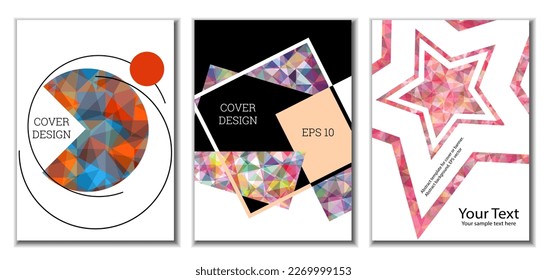 Cover design. Set of 3 covers. Imitation of crumpled paper. Unusual bright abstract background for magazine, book, splash, banner, vector. Imitation of crumpled paper