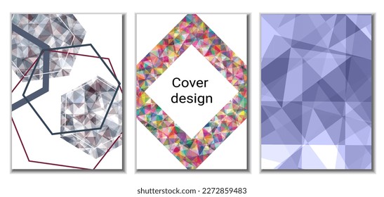 Diseño de portada. Conjunto de 3 cubiertas. Imitación de papel desmenuzado. Inusual fondo abstracto brillante para revista, libro, splash, banner, vector. Imitación de papel cruzado
