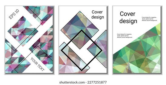 Diseño de portada. Conjunto de 3 cubiertas. Imitación de papel desmenuzado. Inusual fondo abstracto brillante para revista, libro, splash, banner, vector. Imitación de papel cruzado