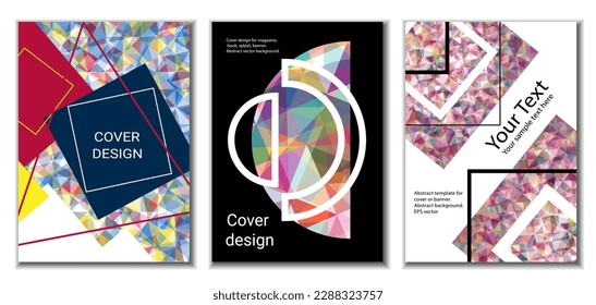 Diseño de portada. Conjunto de 3 cubiertas. Imitación de papel desmenuzado. Inusual fondo abstracto brillante para revista, libro, splash, banner, vector. Imitación de papel cruzado