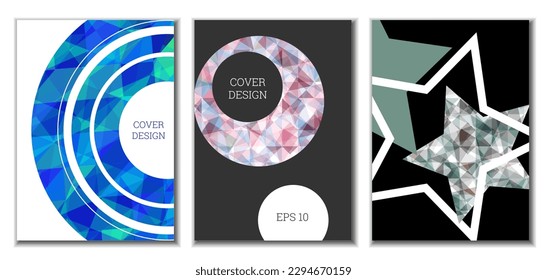 Diseño de portada. Conjunto de 3 cubiertas. Imitación de papel desmenuzado. Inusual fondo abstracto brillante para revista, libro, splash, banner, vector. Imitación de papel cruzado