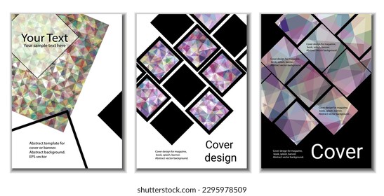 Diseño de portada. Conjunto de 3 cubiertas. Imitación de papel desmenuzado. Inusual fondo abstracto brillante para revista, libro, splash, banner, vector. Imitación de papel cruzado