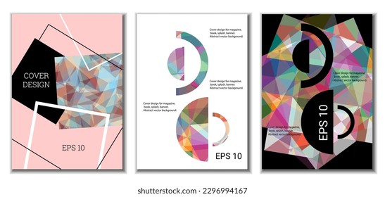 Diseño de portada. Conjunto de 3 cubiertas. Imitación de papel desmenuzado. Inusual fondo abstracto brillante para revista, libro, splash, banner, vector. Imitación de papel cruzado