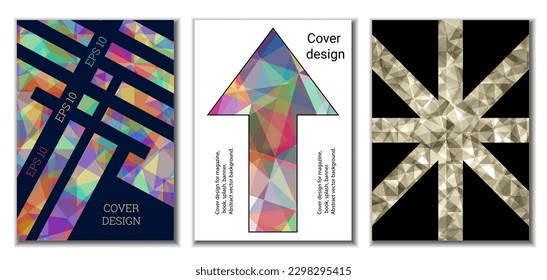 Deckungsdesign. Satz von 3 Covern. Nachahmung von zerbrochenem Papier. Ungewöhnlicher heller abstrakter Hintergrund für Magazin, Buch, Splash, Banner, Vektorgrafik. Nachahmung von zerkleinertem Papier