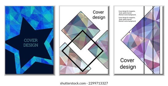 Diseño de portada. Conjunto de 3 cubiertas. Imitación de papel desmenuzado. Inusual fondo abstracto brillante para revista, libro, splash, banner, vector. Imitación de papel cruzado