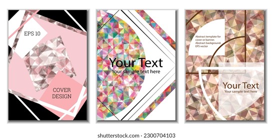 Diseño de portada. Conjunto de 3 cubiertas. Imitación de papel desmenuzado. Inusual fondo abstracto brillante para revista, libro, splash, banner, vector. Imitación de papel cruzado