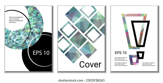 Diseño de portada. Conjunto de 3 cubiertas. Imitación de papel desmenuzado. Inusual fondo abstracto brillante para revista, libro, splash, banner, vector. Imitación de papel cruzado