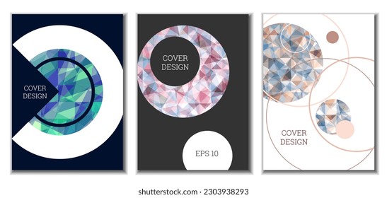Cover design. Set of 3 covers. Imitation of crumpled paper. Unusual bright abstract background for magazine, book, splash, banner, vector. Imitation of crumpled paper