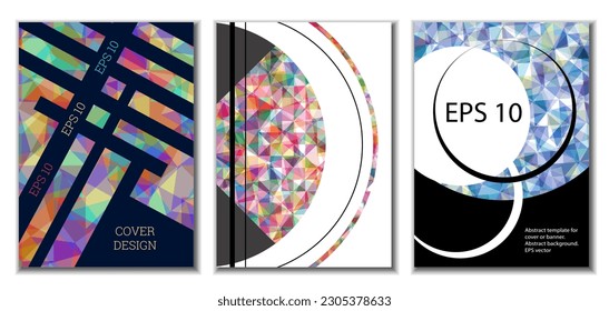 Diseño de portada. Conjunto de 3 cubiertas. Imitación de papel desmenuzado. Inusual fondo abstracto brillante para revista, libro, splash, banner, vector. Imitación de papel cruzado