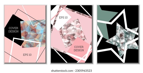 Cover design. Set of 3 covers. Imitation of crumpled paper. Unusual bright abstract background for magazine, book, splash, banner, vector. Imitation of crumpled paper