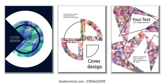 Diseño de portada. Conjunto de 3 cubiertas. Imitación de papel desmenuzado. Inusual fondo abstracto brillante para revista, libro, splash, banner, vector. Imitación de papel cruzado