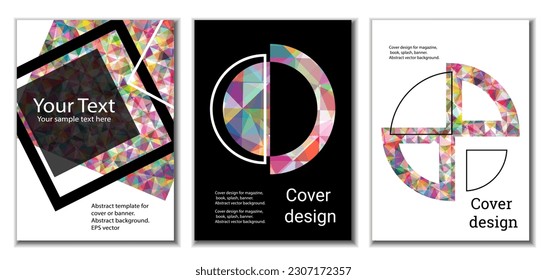 Diseño de portada. Conjunto de 3 cubiertas. Imitación de papel desmenuzado. Inusual fondo abstracto brillante para revista, libro, splash, banner, vector. Imitación de papel cruzado