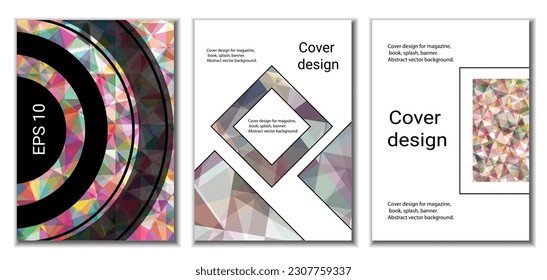 Diseño de portada. Conjunto de 3 cubiertas. Imitación de papel desmenuzado. Inusual fondo abstracto brillante para revista, libro, splash, banner, vector. Imitación de papel cruzado