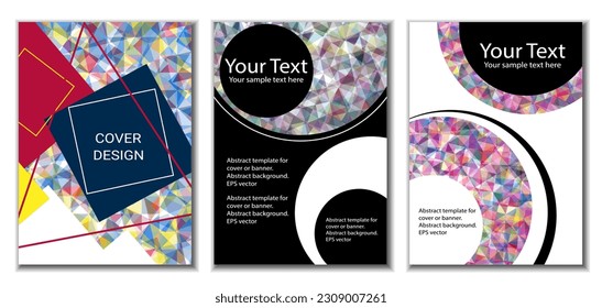 Diseño de portada. Conjunto de 3 cubiertas. Imitación de papel desmenuzado. Inusual fondo abstracto brillante para revista, libro, splash, banner, vector. Imitación de papel cruzado