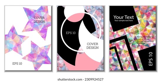 Cover design. Set of 3 covers. Imitation of crumpled paper. Unusual bright abstract background for magazine, book, splash, banner, vector. Imitation of crumpled paper