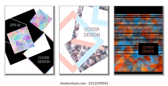 Cover design. Set of 3 covers. Imitation of crumpled paper. Unusual bright abstract background for magazine, book, splash, banner, vector. Imitation of crumpled paper