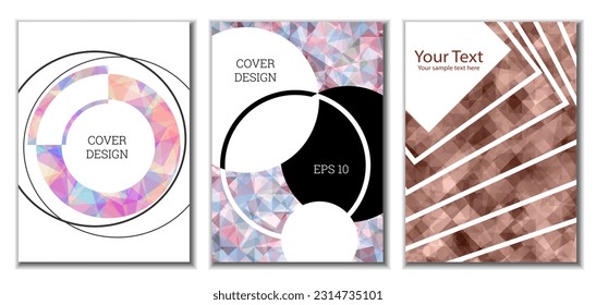 Diseño de portada. Conjunto de 3 cubiertas. Imitación de papel desmenuzado. Inusual fondo abstracto brillante para revista, libro, splash, banner, vector. Imitación de papel cruzado