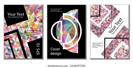 Diseño de portada. Conjunto de 3 cubiertas. Imitación de papel desmenuzado. Inusual fondo abstracto brillante para revista, libro, splash, banner, vector. Imitación de papel cruzado