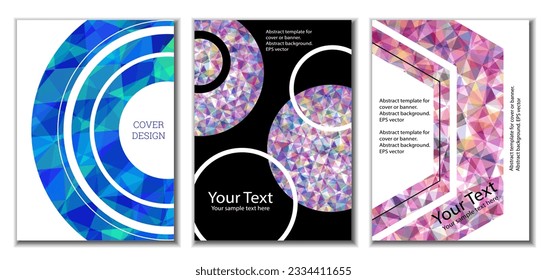 Diseño de portada. Conjunto de 3 cubiertas. Fondo abstracto de gradiente brillante inusual para revista, libro, splash, banner, vector.